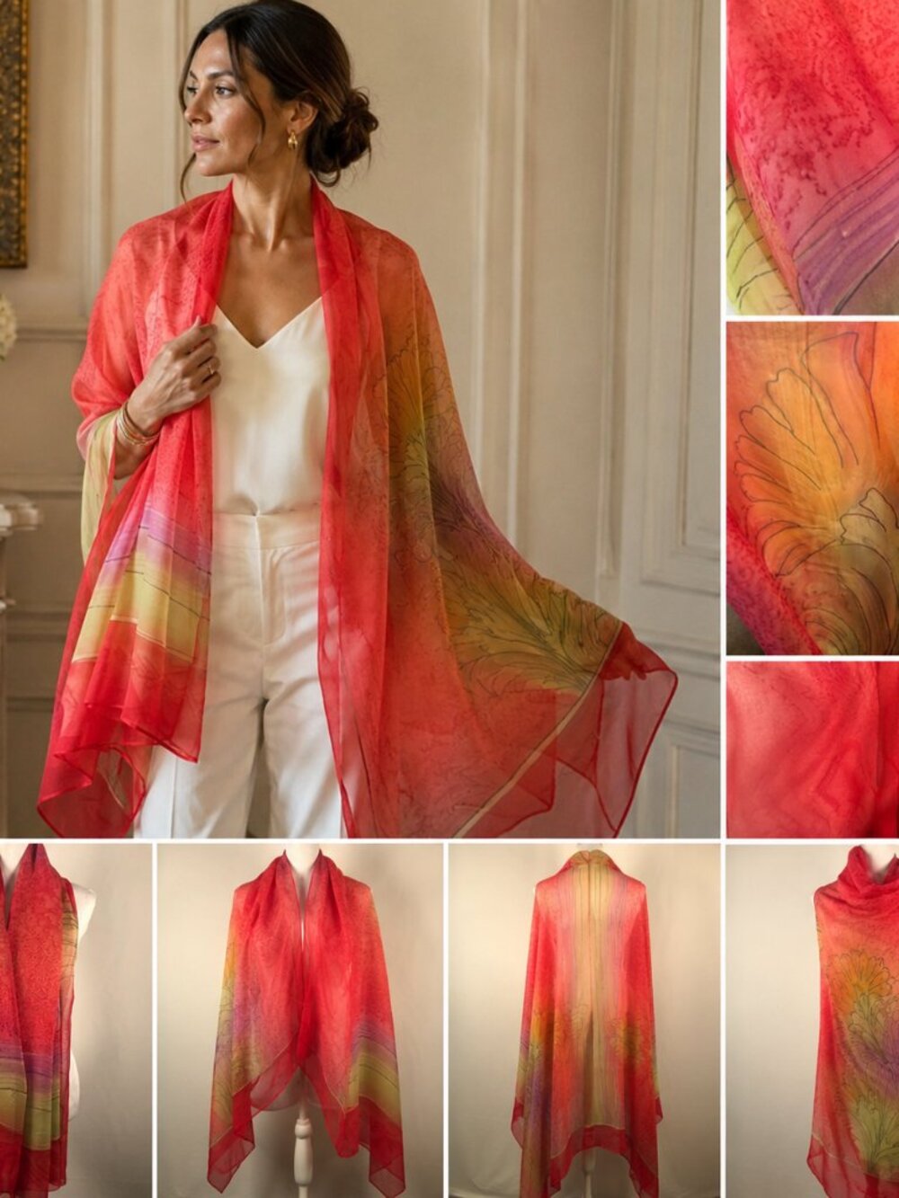 Vintage Hand-Painted Sheer Floral Scarf Wrap — Oversized Art Scarf